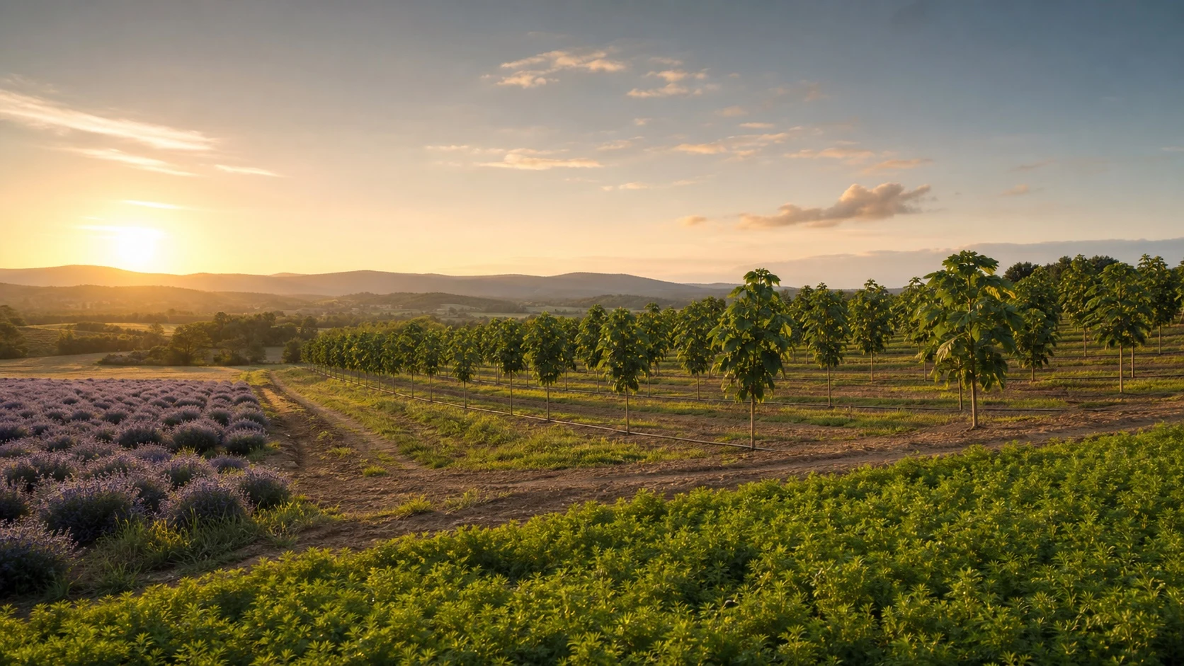 Visualisierung einer geplanten Agroforstfläche in Portugal mit Paulownia, Lavendel und Koriander